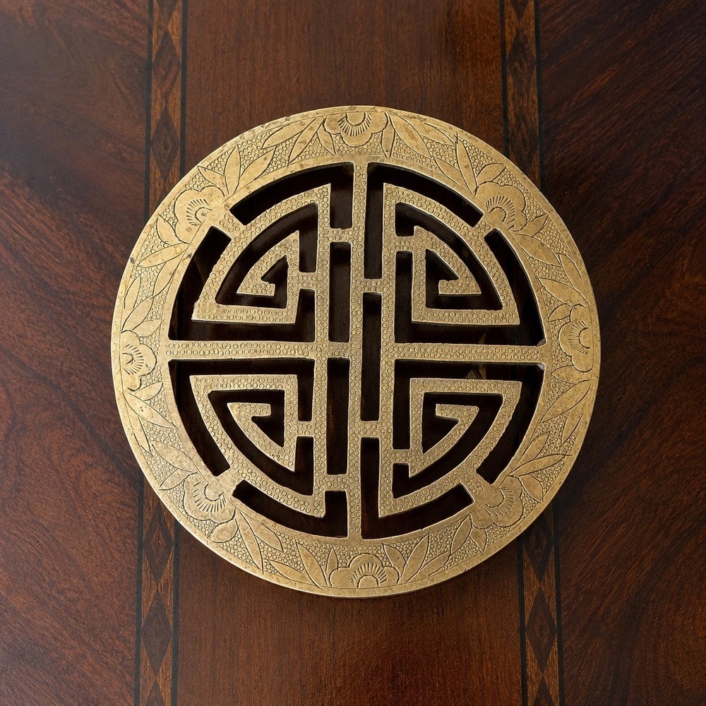 Vintage Shou Longevity Brass Trive Vintage Chinoiserie Etched Asian‎ Hot Plate